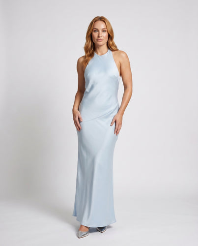 Damen Elegantes satin Maxikleid mit schickem Halterneck und konturiertem Schnitt EB