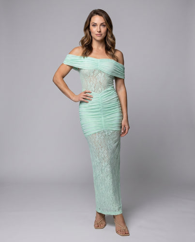 Damen Elegantes Spitzenkleid mit fließendem Schnitt und off-shoulder Design EB