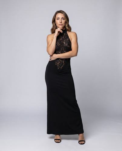 Damen Elegantes Spitzenkleid mit hochgeschlossenem Design und figurformender Silhouette EB