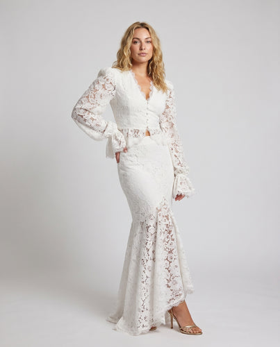 Damen Elegantes Spitzenmaxikleid mit V-Ausschnitt und Puffärmeln EB