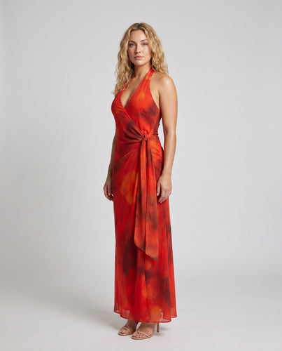 Damen Elegantes Wickelmaxikleid mit tiefem V-Ausschnitt und fließendem Stoff EB