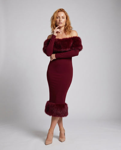 Damen Figurbetontes Maxikleid mit abnehmbarem Pelzbesatz EB