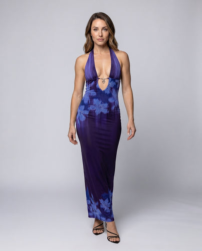 Damen Figurbetontes Maxikleid mit tiefem V-Ausschnitt und schimmernden Akzenten EB