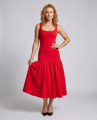Damen Fitted Midi-Kleid mit Raffinierten Volant und Spaghetti-Trägern EB