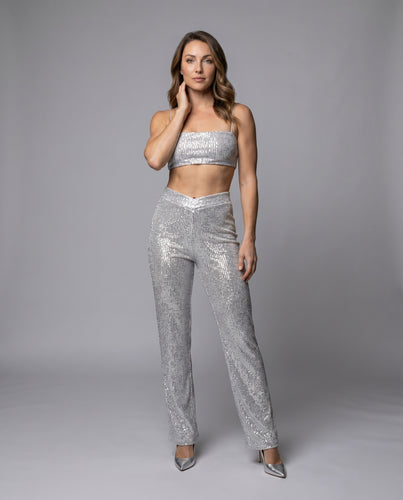 Damen Glitzerndes Cropped Top mit weitem Palazzohosen Set EB