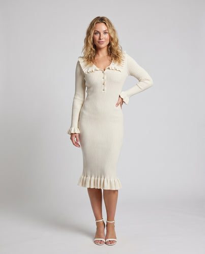 Damen Langarmkleid mit Rüschensaum und Knopfleiste EB