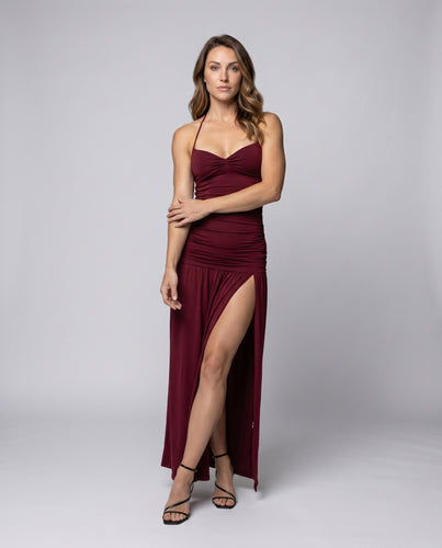 Damen Maxi-Kleid mit tiefem Schlitz und fließendem Drapé EB