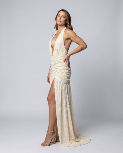 Damen Maxi-Kleid mit tiefem V-Ausschnitt und seitlichem Schlitz EB