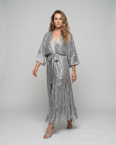 Damen Maxikleid im eleganten Metallic-Look mit schimmerndem Oberteil und taillierter Silhouette EB