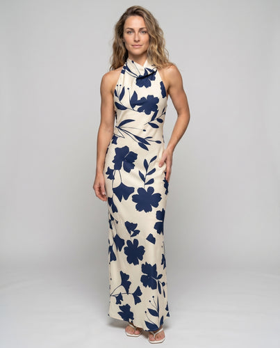 Damen Maxikleid mit elegantem Halterneck und floralem Design EB
