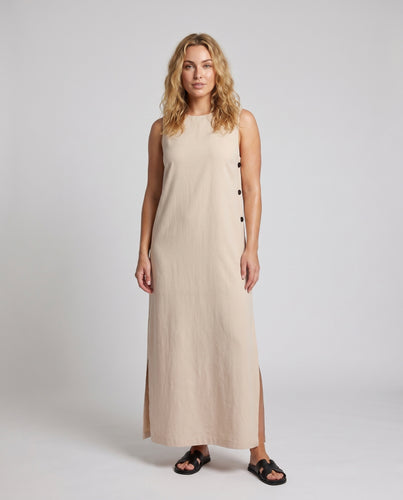 Damen Maxikleid mit elegantem Schnitt und seitlichen Knopfdetails EB