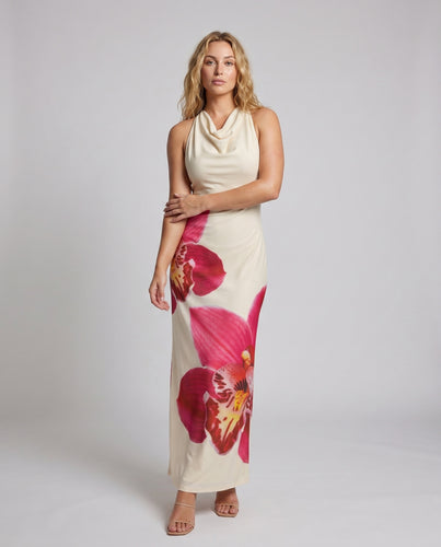 Damen Maxikleid mit elegantem Wasserfall-Ausschnitt und floralen Akzenten EB