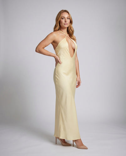 Damen Maxikleid mit tiefem V-Ausschnitt und elegantem Rückendetail EB