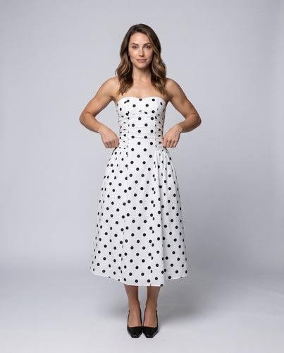 Damen Midikleid mit schulterfreiem Design und verspieltem Punktmuster EB