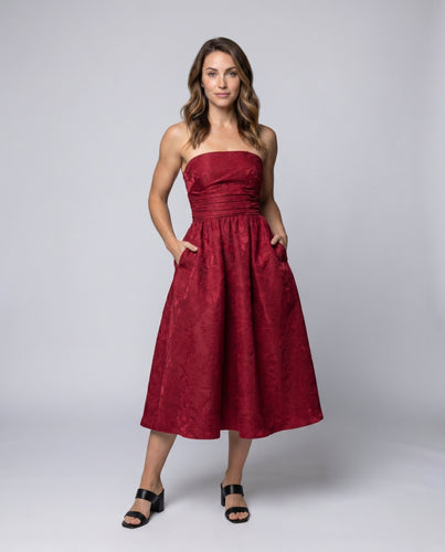 Damen Midikleid mit strapless Design und elegantem Blumendetail EB