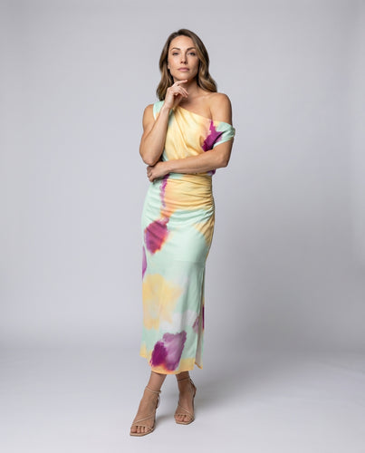 Damen Off-Shoulder Maxikleid mit fließendem Design und Aquarellmuster EB