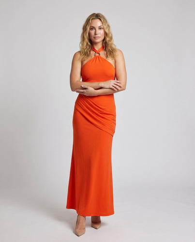 Damen Robustes Maxikleid mit schickem Halterneck-Design und raffiniertem Drapé EB