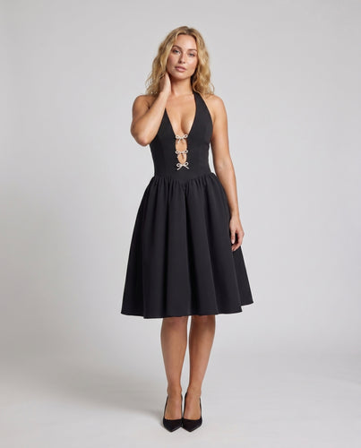 Damen Rockabilly Abendkleid mit schickem V-Ausschnitt und Schleifenapplikationen EB