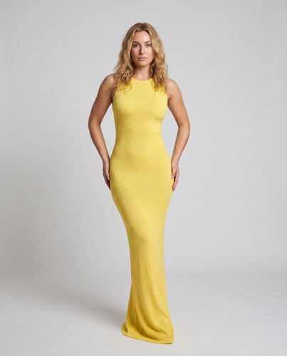 Damen Schimmerndes Maxikleid mit tiefem Rundhalsausschnitt und figurbetonendem Schnitt EB