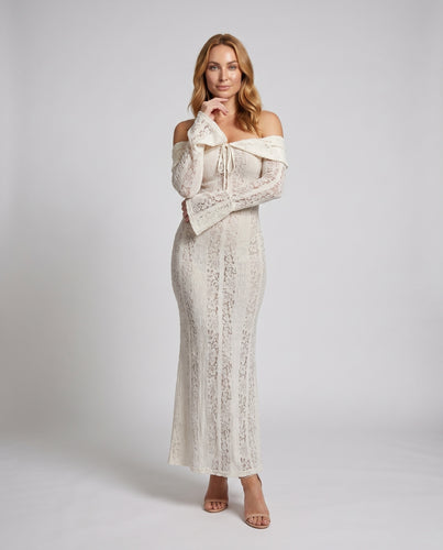 Damen Spitzenkleid mit schulterfreiem Design und lange Ärmel EB