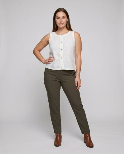 Damen ärmelloses Leinenoberteil mit floralem Stickdesign