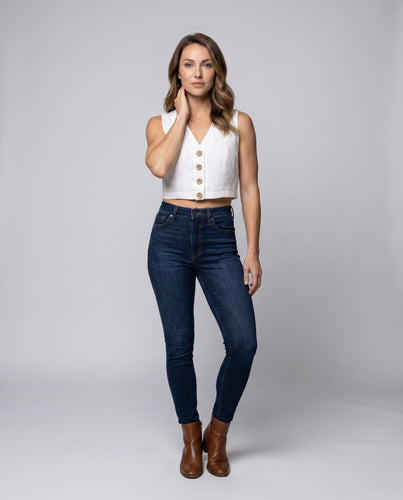 Damen Cropped Leinen-Oberteil mit V-Ausschnitt und Knopfdetail