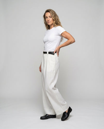 Damen elegante weite Leinenhose mit hochtailliertem Schnitt