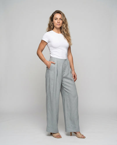 Damen elegante weite Leinenhose mit hoher Taille und praktischen Taschen