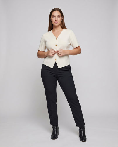 Damen elegantes Kurzarm-Oberteil mit Knopfdetails und V-Ausschnitt