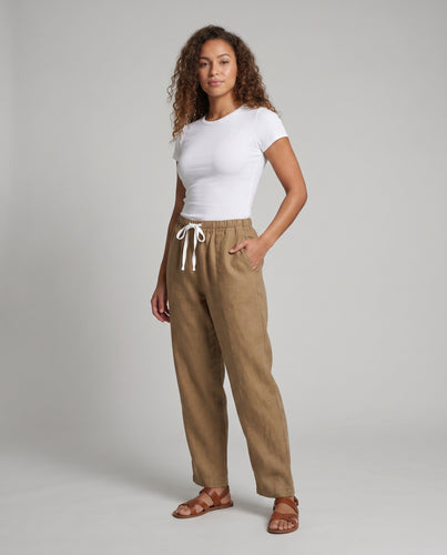 Damen Lässige Leinenhose mit elastischem Bund und Kordelzug