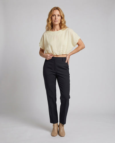 Damen lässiges Leinen-Cropped-Top mit elastischem Saum und weitem Schnitt