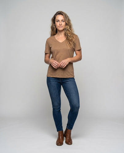 Damen lässiges V-Ausschnitt T-Shirt aus hochwertigem Leinen