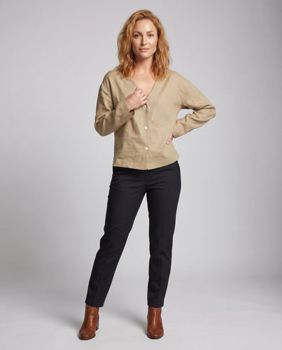 Damen leichte Leinenbluse mit elegantem V-Ausschnitt und Knopfleiste