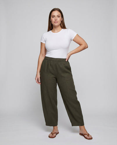 Damen lockere Leinen-Culotte mit elastischem Bund und seitlichen Taschen
