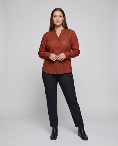 Damen lockere Leinenbluse mit feinem V-Ausschnitt und Knopfleiste