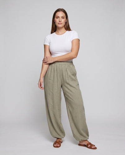 Damen luftige Leinenhose mit weitem Schnitt und elastischem Bund
