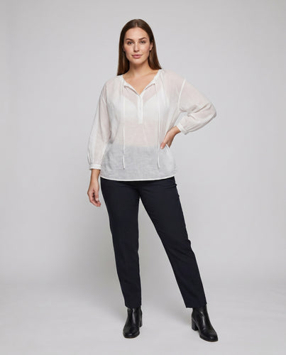 Damen luftiges Leinenoberteil mit Kordelzug und elastischen Ärmelbündchen