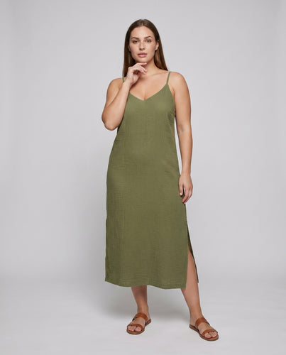 Damen luftiges Maxikleid mit schmalen Spaghettiträgern und seitlichem Schlitz