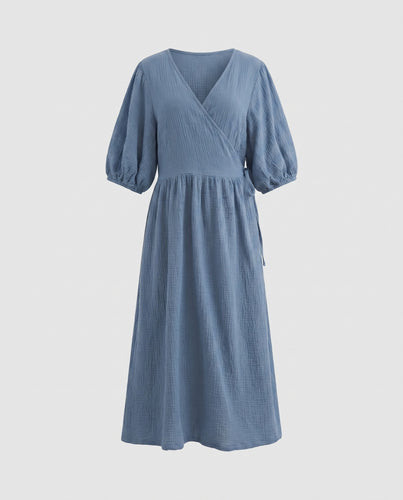 Damen Maxi-Wickelkleid mit eleganten Ballonärmeln und hohem Komfort