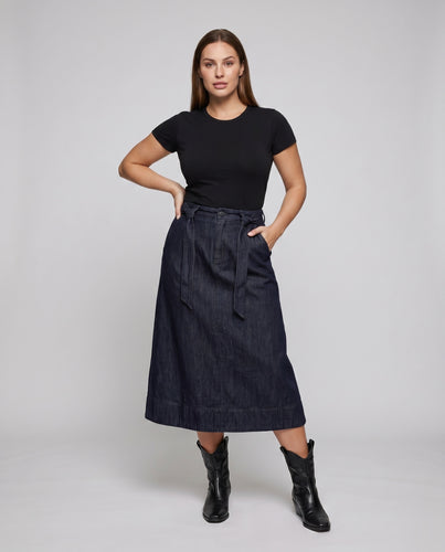 Damen Maxirock aus hochwertigem Denim mit Bindegürtel und Längsnähten