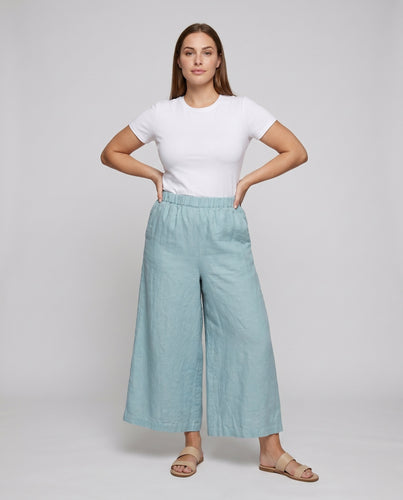 Damen weite Leinenhose mit elastischem Bund und minimalistischen Details