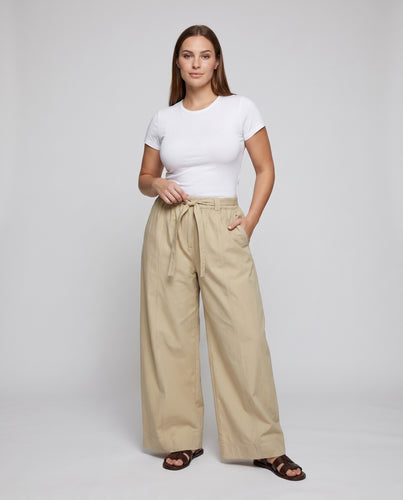 Damen weite Leinenhose mit elastischem Bund und praktischen Taschen