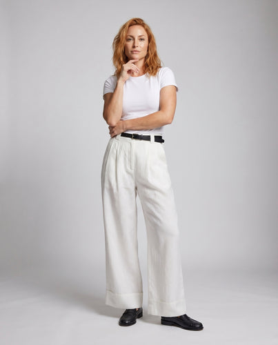 Damen weite Leinenhose mit hohem Bund und eleganten Eingrifftaschen