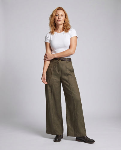 Damen weite Leinenhose mit hoher Taille und eleganter Silhouette