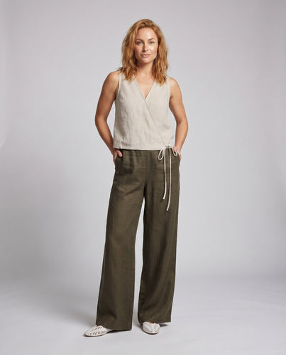 Damen weite Leinenhose mit verstellbarem Kordelzug und seitlichen Taschen