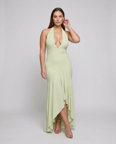 Damen Abendkleid mit tiefem V-Ausschnitt und fließendem Saum EB