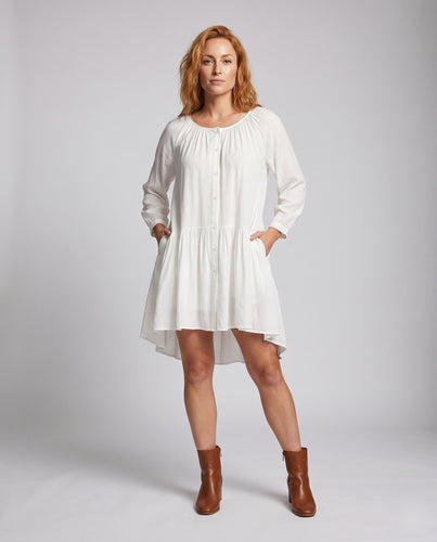 Damen Blusenkleid mit asymmetrischem Saum und romantischen Rüschendetails EB