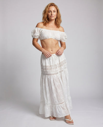Damen Boho Maxikleid mit off-shoulder Oberteil und Spitzenakzenten EB