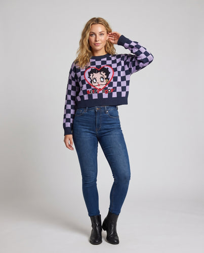Damen Crop-Top mit klassischem Karomuster und nostalgischem Motiv EB