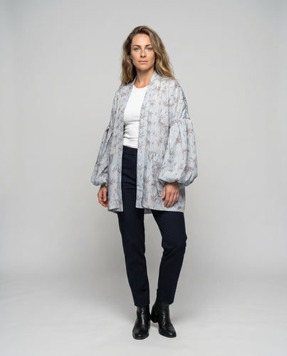 Damen elegante Kimono-Jacke mit voluminösen Ärmeln und floralem Muster EB